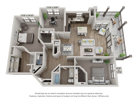 Floor plan for 2 beds, 2 baths, 1433 sqft